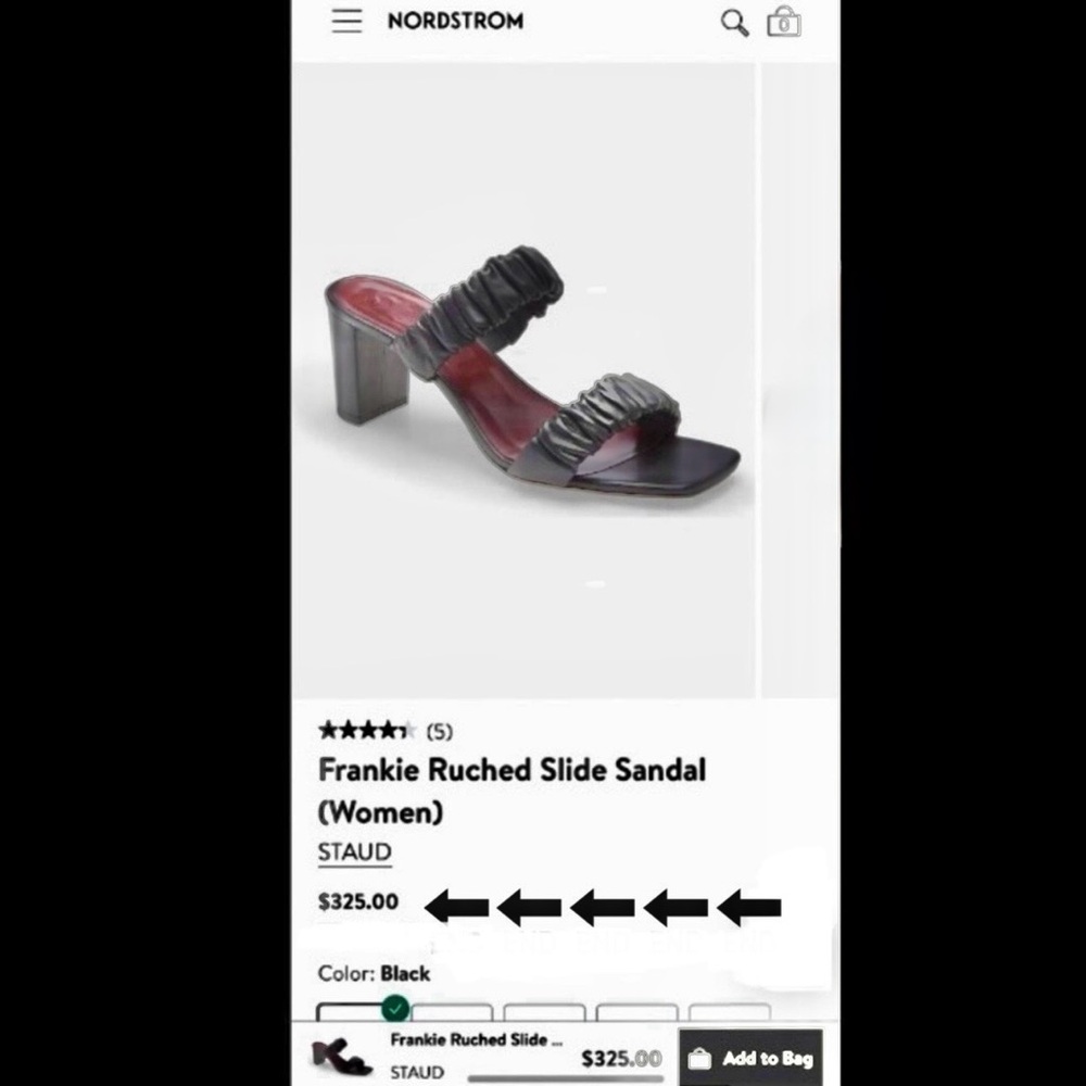 STAUD Frankie Ruched Black Leather Slide Sandals